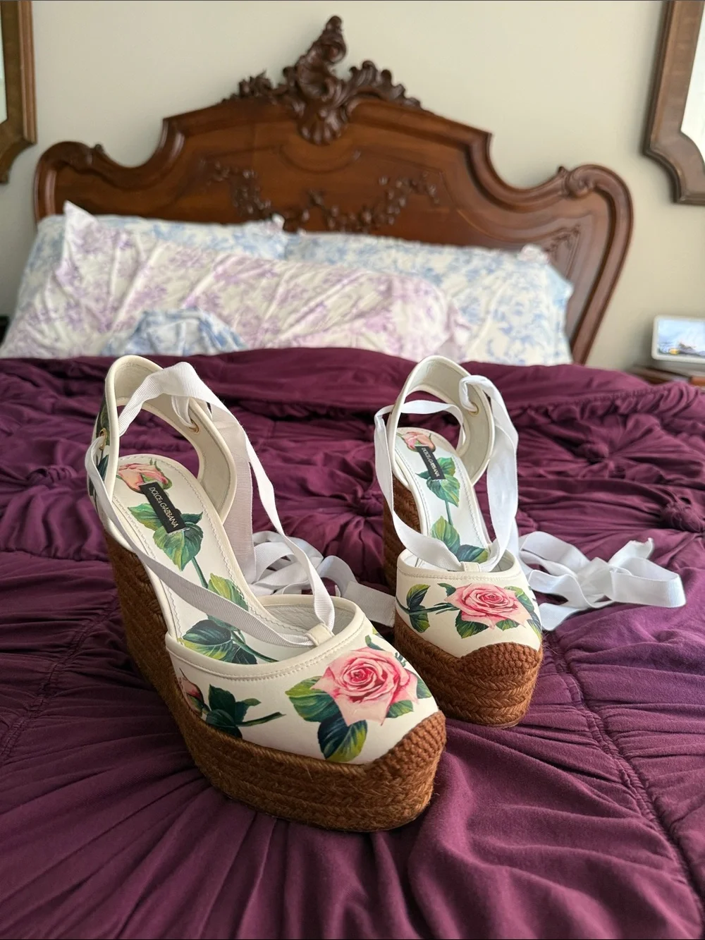 Floral Espadrille Wedge Sandals - White with Pink Rose